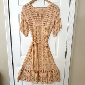 Vintage Dandyline Crochet Dress Cover Long Maxi Midi Natural Peach Medium Boho